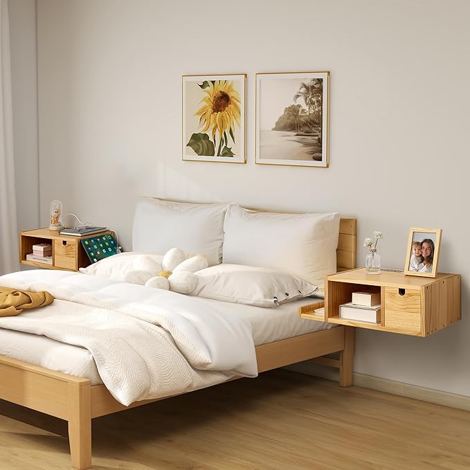 Afuly Floating Nightstand with Charging Station, Wall Mount Night Stand with Drawer Hanging Bedside Table End Table, Solid Wood Modern Side Table Shelf for Bedroom Natural Wooden Decor