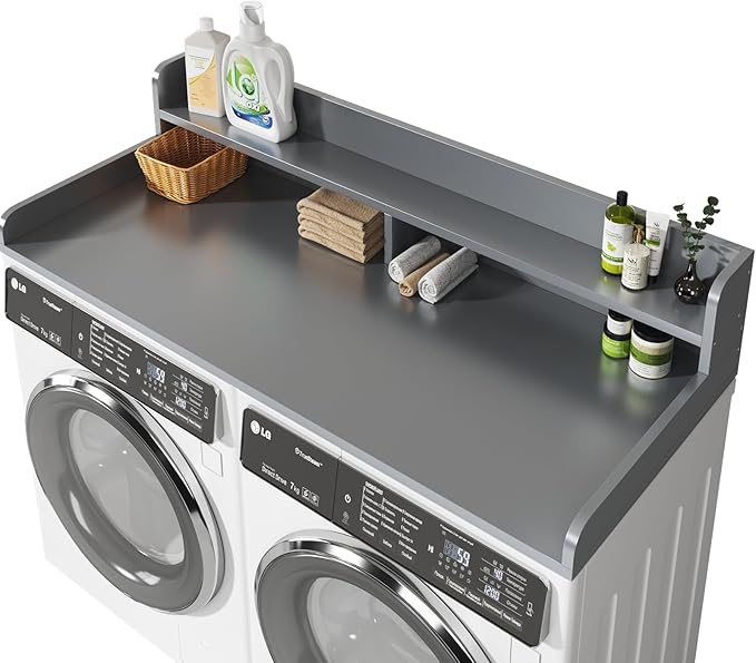 2-Tier Washer and Dryer Countertop with 2.75" H Guard,58" W x 28" D Laundry Countertop Cover with Non-Slip Pad,Large Space Laundry Topper for Folding Clothes Over Washer and Dryer-Grey