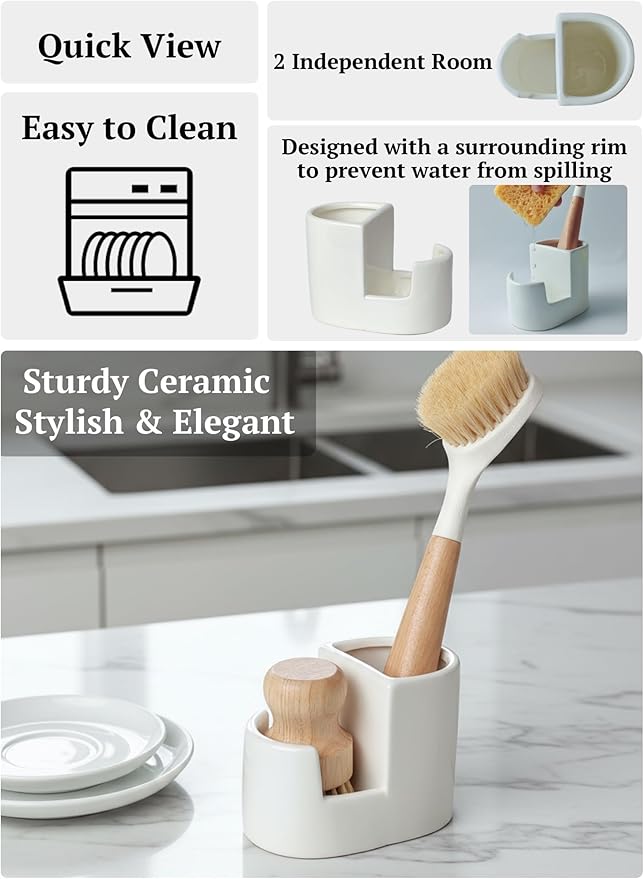 2-in-1 Ceramic Sponge Holder,Dish Sponge and Brush Holder for Kitchen Sink,Bathroom, Keeps Sponges, Brush and Countertop Drying&Hygienic, Dishwasher Safe, Rust-Proof, White