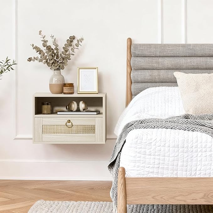 Floating Nightstand Set of 2 with Drawer for Wall Mounted Hanging Rattan Night Stand Bed Side Tables Wooden End Table Small Boho Dressers for Bedroom Farmhouse Shelves with Drawers