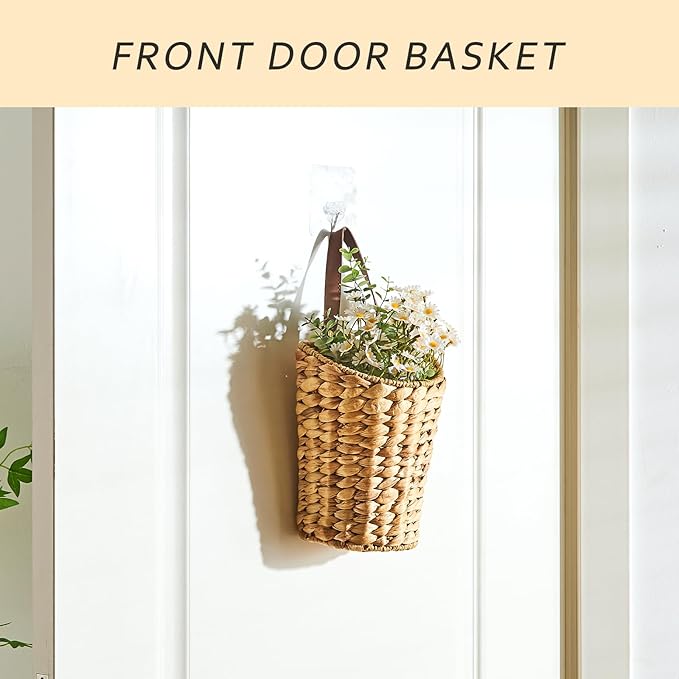 Handwoven Front Door Basket Water Hyacinth Wall Hanging Basket Decorative Boho Mounted Organizer for Dried Flower Plants Storage Basket for Garden, Home, and Farmhouse Décor