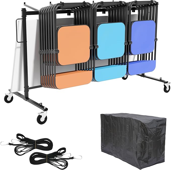 Folding Chair Rack with Wheels, Heavy Duty Steel Chair Cart for 42 Chairs or 12 Tables, Folding Chair Racks for Storage Dolly, Large Chair Holder W/Elastic Cords,Dust Cover (Single Layer)
