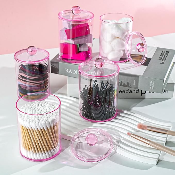 6 Pack Qtip Holder,Canister Apothecary Jar Set, Bathroom Jars with Lids Set for Cotton Swabs, Balls, Pads, Floss Picks,10oz-12oz Plastic Canisters Restroom Bedroom Vanity Organizer(Pink)