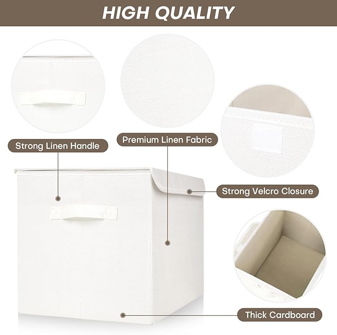 Large 17" 42 Quarts Collapsible Stackable Storage Bins with Lids [3-Pack] Foldable Fabric Linen Storage Boxes Cube, Closet Organizer Baskets with Label (16.7 x 12 x 12, White)