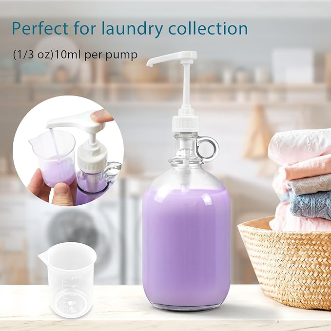 2 Pack Laundry Detergent Dispenser with Pump and Lid, 64 Oz Glass Bottles for Laundry Room Organization and Storage, Fabric Softener Dispenser for Washer