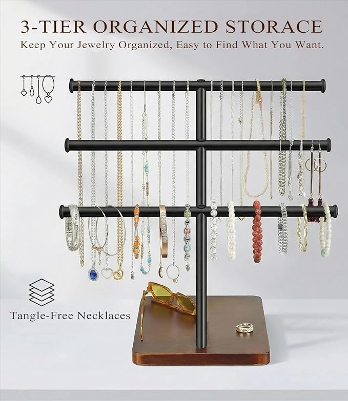 3 Tier Jewelry Holder Organizer, Bracelet Holder Display, Detachable T Bar Wood Jewelry Organizer, Jewelry Display Stand, Necklace Bracelet Holder for Earring, Watches, Rings, 2025 New - Brown