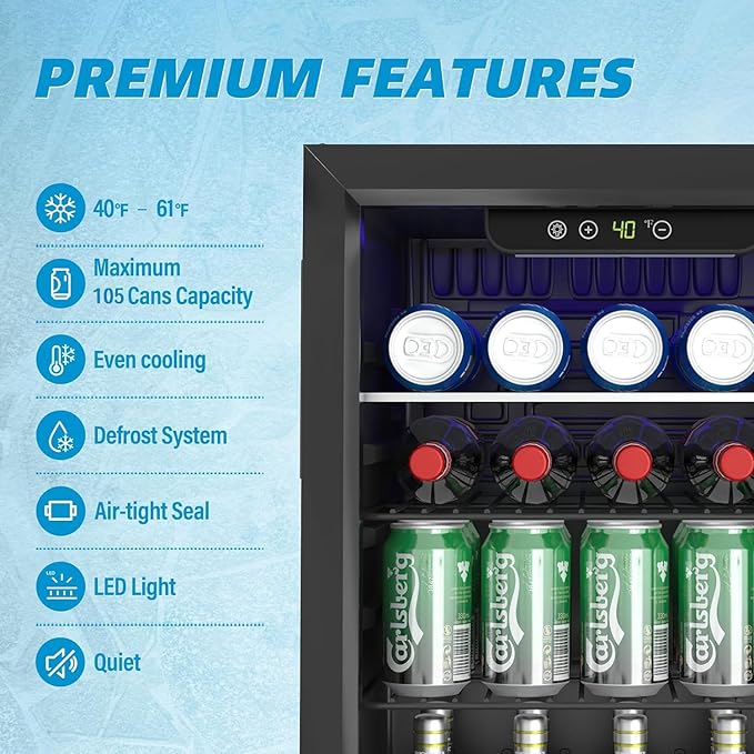 Compact Beverage Refrigerator, 105 Can/2.7 Cubic Feet Fridge with Glass Front Door for Soda, Beer or Wine, Under Counter Small Refrigerator with Adjustable Shelve & Digital Display(Black)