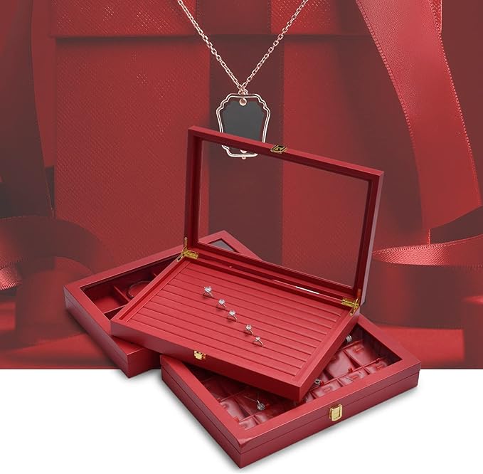 Oirlv Luxury Leather 24 Grid Jewelry Tray with Transparent Lid Earrings Rings Organizer Box Stackable Jewelry Box Drawer Inserts Women Gift