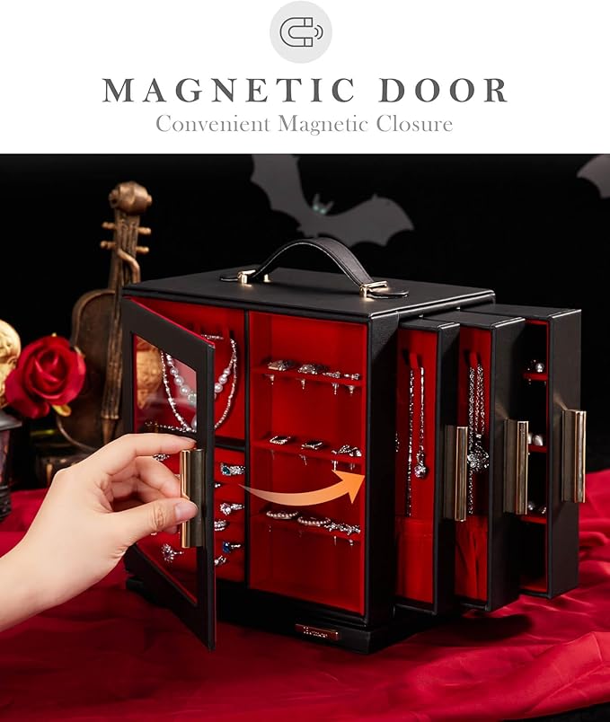Homde Christmas Gifts Jewelry Box 360° Rotating, Necklace Earring Organizer with Transparent Window, Mirror, 7 Drawers, Large Ring Display Storage Case for Girls Women (Black + Red)
