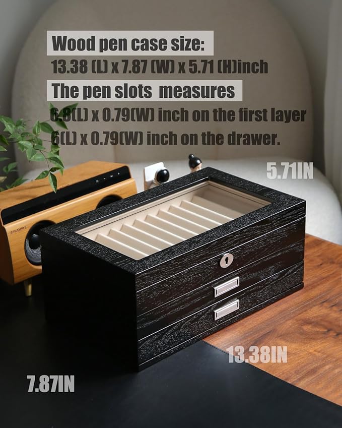 wood pen display case 36 slot Fountain pen Box storage Organizer with drawer, Top Glass Window Pen Collection Display Case