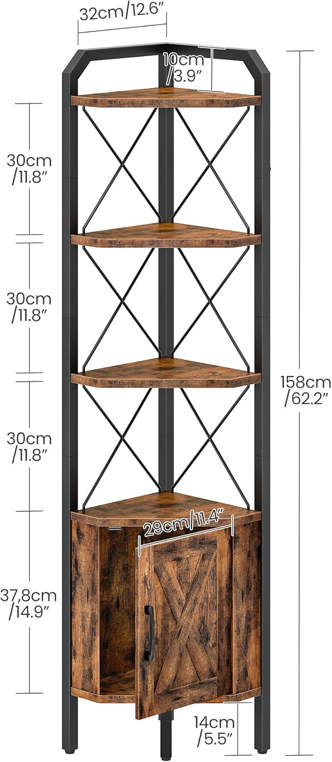 62.2" Corner Shelf with Cabinet, 4-Tier Tall Corner Bookshelf with X-Shaped and Diamond Design, for Living Room, Bedroom, Bathroom Storage, Rustic Brown and Black