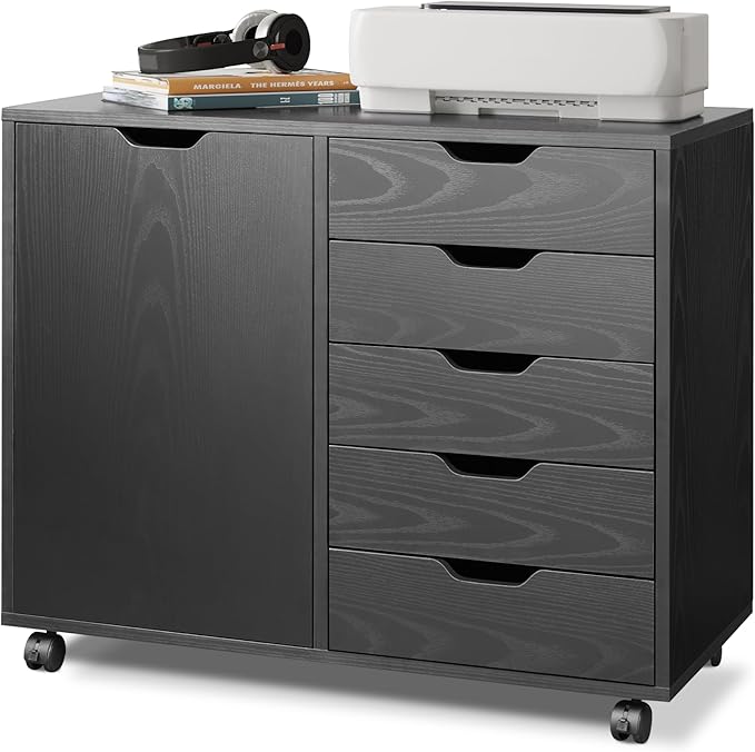 DEVAISE Mobile File Cabinet, 5-Drawer Wood Dresser Chest with Door, Printer Stand for Home Office, Black