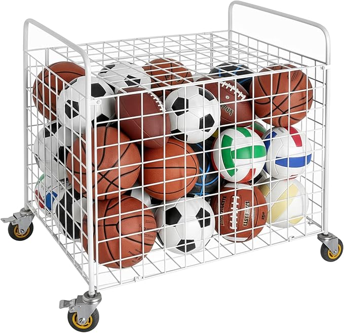 MyGift Professional Gym Metal Multi Sports Ball Storage Cart with Jumbo Industrial Wheels, Commercial Grade Portable Equipment Locker Cage for Basketball, Football, Soccer, Volleyball