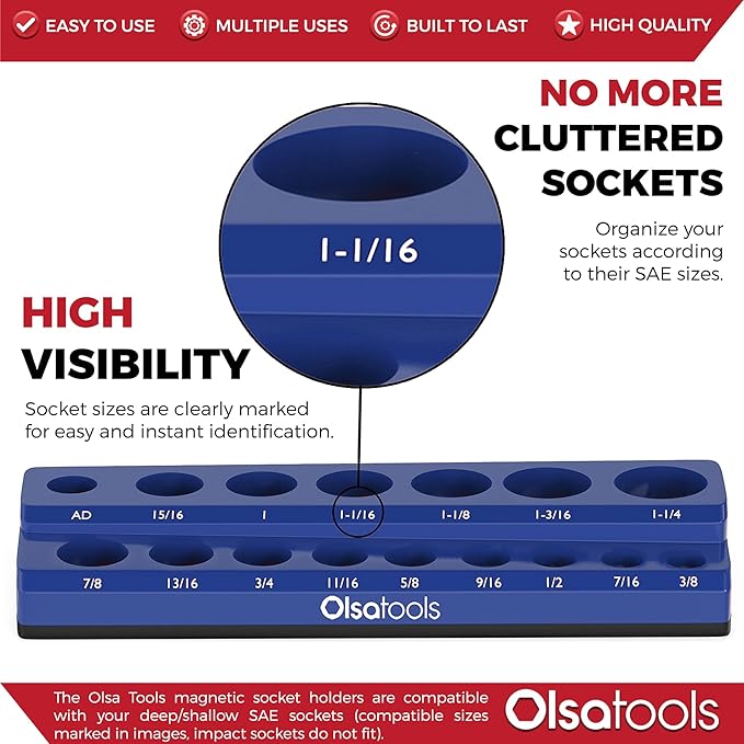 Olsa Tools Magnetic Socket Organizer | 1/2-inch Drive | SAE | Blue | Holds 16 Sockets | Professional Quality Tools Organizer