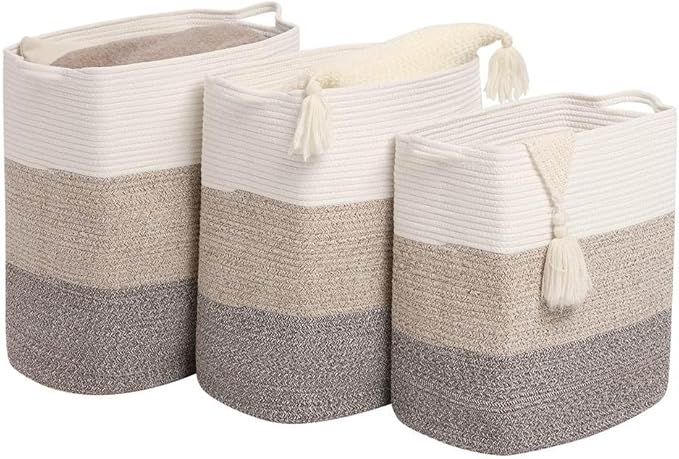 Tall Laundry Basket With Handles,Woven Cotton Rope Big Laundry Hamper Sorters,Versatile Storage for Dirty Clothes,Baby Toys,and Blankets in Bathroom, Nursery,and Living Room (Gradient Brown, 80L)