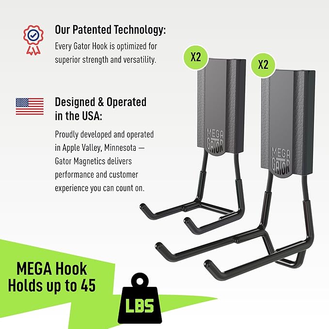 GATOR MAGNETICS MEGA 3 & 4.5" Open Hooks, 45 lb Heavy Duty Magnetic Hooks for Steel Surfaces, Patented Easy-Release, Non-Slip Grip – Storage & Organization, Garage, Home Tools & Gear Storage – 4 Pack
