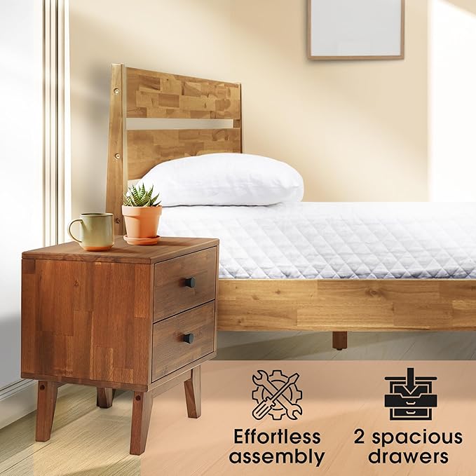 Acacia Silvia Nightstand with 2 Drawers, Solid Wood Bedside Table, Table with Storage Drawers for Bedroom, Bedside End Table with Drawer and Storage Space, Walnut