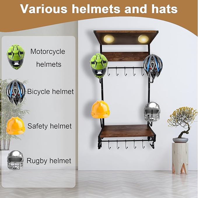 Motorcycle Helmet Holder Wall Mounted Motorcycle Gear Helmet Hook Rack Storage Helmet Hanger Display Stand Football Helmet Wall Mount with 2 Layer Wooden Boards and 4 Hat 14 Accesorios(Upgraded)