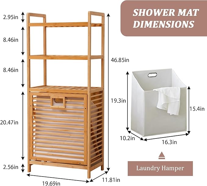 Bamboo Laundry Hamper with 3 Tier Shelves & Tilt Out Basket, Laundry Baskets Organizer Hampers Bathroom Storage Shelf for Laundry Room, Bathroom, Guest Room（3-Tier, Large）