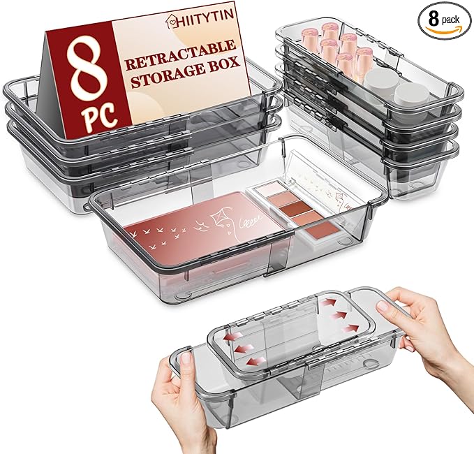 8 Pcs Extendable Clear Drawer Organizer, All Adjustable Vanity Storage Box, 2-Size Desk Drawer Organizer, Acrylic Storage Bins for Makeup, Bedroom Dressers Tool Organizer for Gadgets, Black