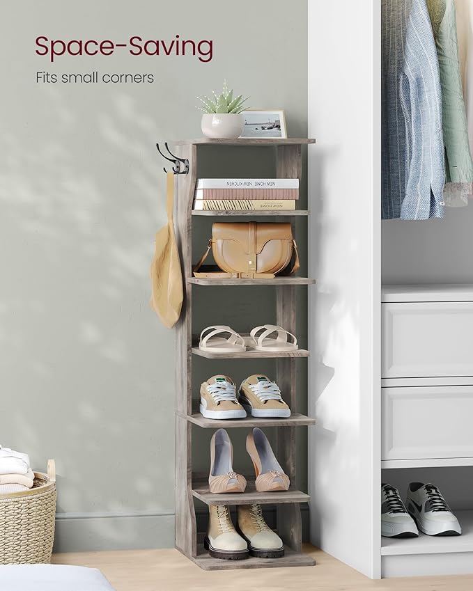 VASAGLE 7-Tier Vertical Shoe Rack, Narrow Shoe Storage Organizer with Hooks, Slim Corner Tower Shelf, Space-Saving for Entryway and Bedroom, Heather Greige ULBS200L01