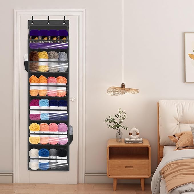 Over Door Organizer with 6 Extra Large Pockets 12 Side Pockets, Sturdy Closet Storage Rack, Hanging Storage Organizer with Clear Window for Shoes, Diapers, Toys, Bedroom, Bathroom, Black