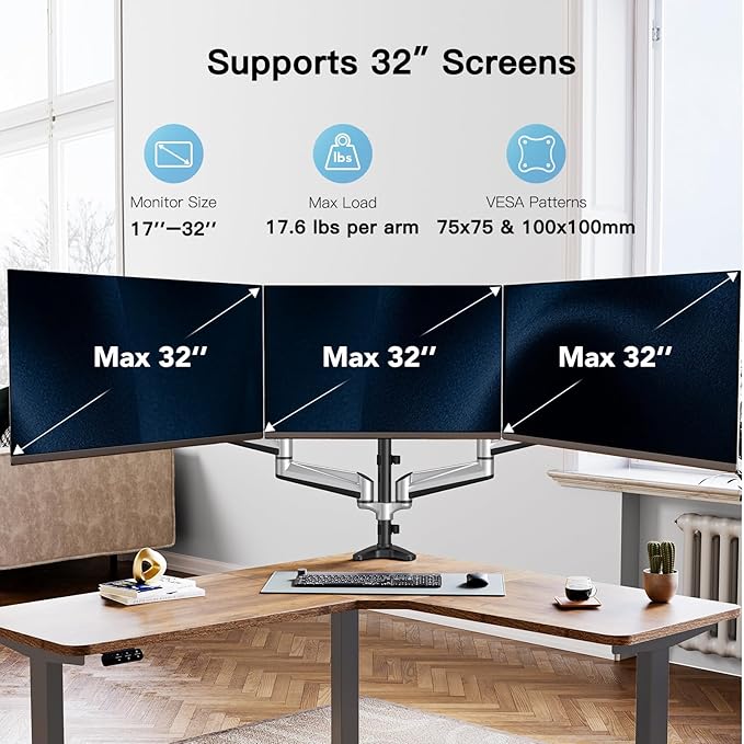 HUANUO Triple Monitor Stand - Full Motion Articulating Monitor Mount Fit Three 17 to 32 inch Flat/Curved LCD Computer Screens with Clamp, Grommet Kit, Silver