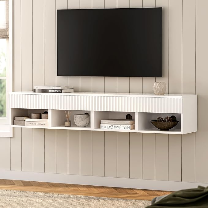 Floating TV Stands Set of 4 with Drawer and Open Shelf, Small Wall Mounted Bedside End Table, Modern Fluted Night Stand for Bedroom, Living Room, White