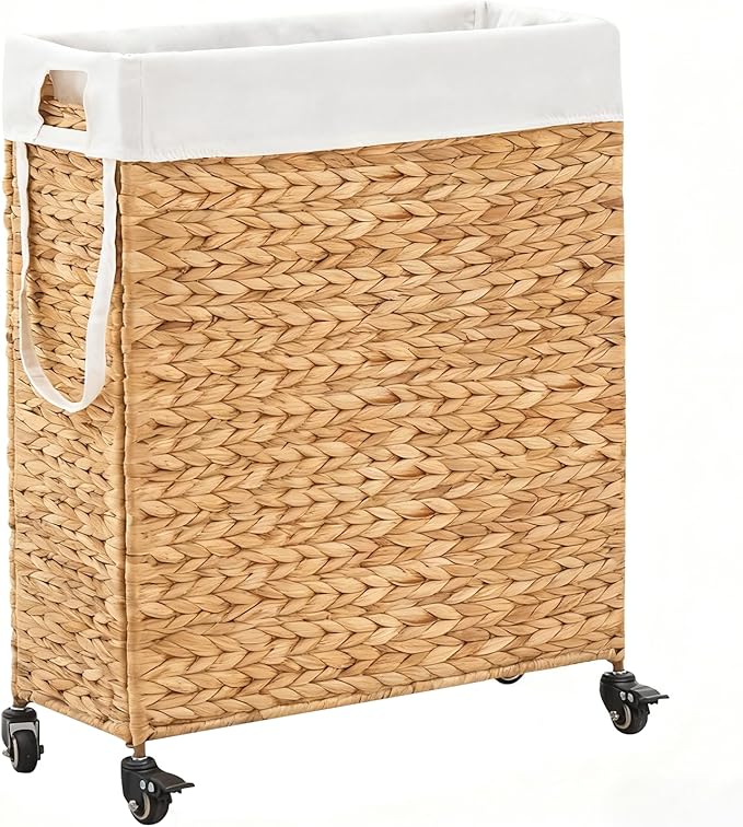 Rolling Laundry Hamper with Wheels, Slim Laundry Basket with Removable Liner Bag & 2 Mesh Bags, Handwoven Water Hyacinth Clothes Hamper for Bedroom Bathroom (Natural, 85L)