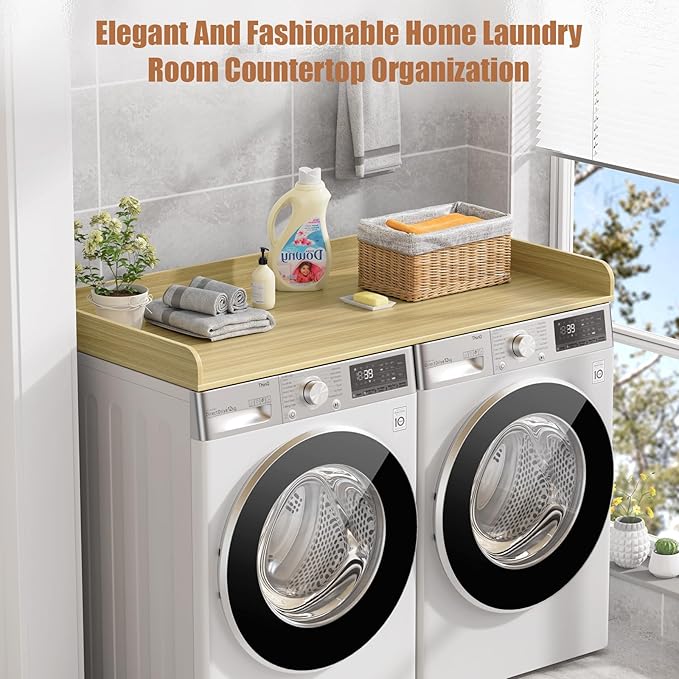 Washer Dryer Countertop, 27.5" D x 54" W Washer and Dryer Topper Covers with Edge Rails, Wood Laundry Room Countertop Shelves for Laundry Room Organization and Storage (Natural)