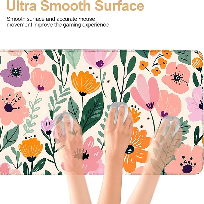 Large Mouse Pad, Floral Garden Desk Mat, Extended Gaming Mouse Pad with Non-Slip Rubber Base, Thick 3mm Smooth Surface Keyboard Mat for Office & Home,35.5 x 15.8 in
