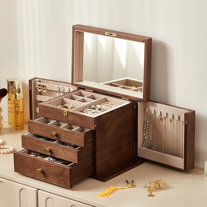 CHOSIN Black Walnut Wooden Jewelry Box, 4-Layer Lockable Wood Jewelry Organizer with Mirror, Side Doors & Brass Handle, Classical Design for Rings, Necklaces, Earrings, Watches, Christmas Gifts