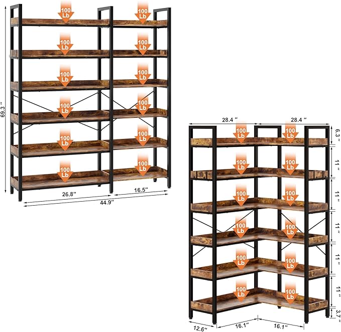 KOUSEI 6-Tier L-Shaped Reversible Corner Bookshelf, 69" Rustic Brown Industrial Wood & Metal Bookcase, Wide Open Shelves + 4 Hooks for Living Room/Bedroom/Home Office