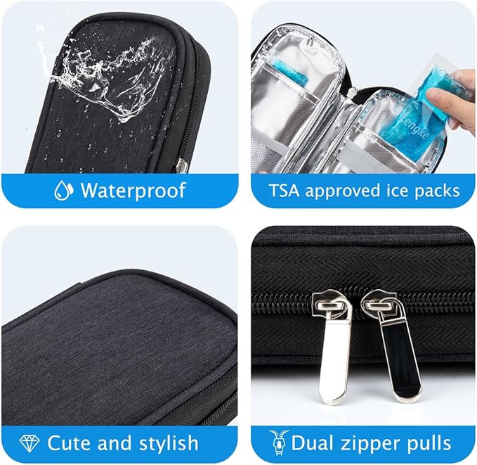 YOUSHARES Insulin Cooler Travel Case - Diabetic Case Insulated Organizer Portable Cooling Bag for Insulin Pen and Medication Diabetic Care Supplies with 2 TSA Approved Ice Pack (Black)