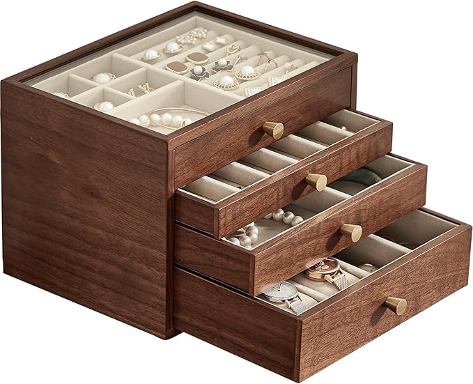 Black Walnut Wooden Jewelry Box for Women large 4 Layer Drawer Organizer Box with Glass Lid for Necklaces, Watch, Necklace, Ring, Earring Storage - Christmas Gifts