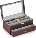 CO-Z Sunglasses Organizer with 12 Slots, Leather Eyeglasses Storage Box for Women Men, 2 Story Lockable Display Case for Multiple Glasses, Sunglasses Jewelry Collection Holder with Drawer, Brown