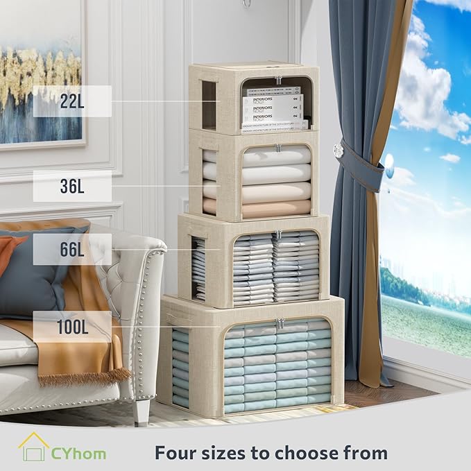 CYhom 3Pack Foldable Storage Bins - Frame Storage Box Linen Fabric Stackable Clothes Container Organizer with Clear Window & Carry Handles Large Capacity (Medium-36L, Beige)