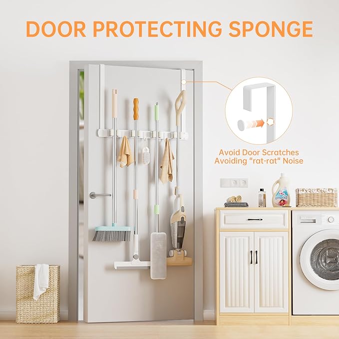 Broom Holder Over The Door - 304 Stainless Steel Mop and Broom Holder Wall Mounted or Hanging Over The Door with Hooks - Broom Hanger - white, Broom Storage Tool Organizer for Closet Laundry
