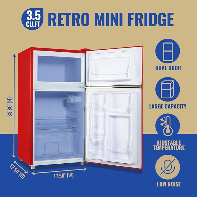 3.5 Cu.ft Refrigerator with Freezer Double Door Red Fridge Adjustable Glass Shelves, Plastic Crisper,7 Level Temperature Control Fridge for Dorm, Office, Apartment