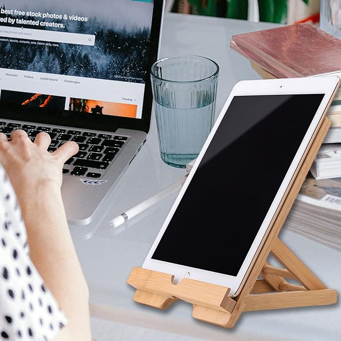 Bamboo Tablet Holder - Adjustable Folding iPad Stand with Charge Port for Desk or Cooking