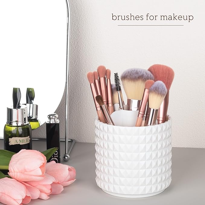 Anyoifax Makeup Brush Holder Organizer 360°Rotating Make Up Brushes Container for Vanity, Spinning Cosmetics Storage Cup, Masonite White