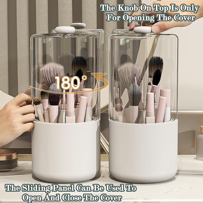 Makeup Brush Holder with Dustproof Cover, Clear 360 Rotating Make Up Brushes Organizer for Counter Vanity Bathroom, White