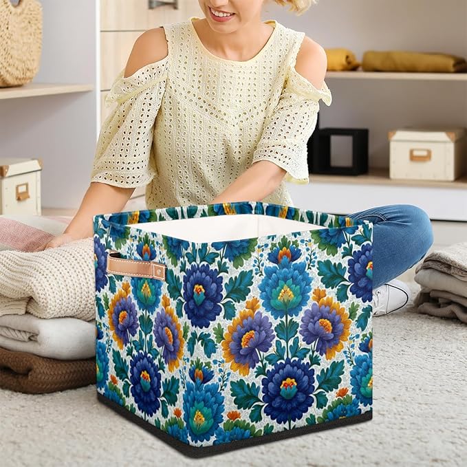 TropicalLife 13x13x13 Inch Large Fabric Storage Cube Blue Flowers Print Foldable Storage Bin with Handles Organizer Boxes Cube Basket for Shelves Organizing Closet