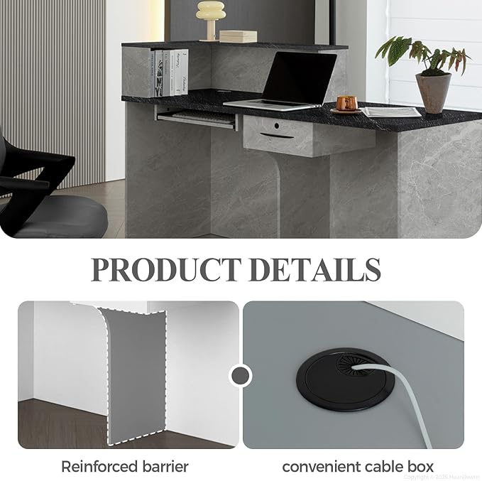 L Shape Reception Desk with Counter, Lockable Drawer, Keyboard Tray, and Double-Layer Storage for Salon, Office, or Clinic (Gray+Black/Left, 79" L*24" W*39" H)