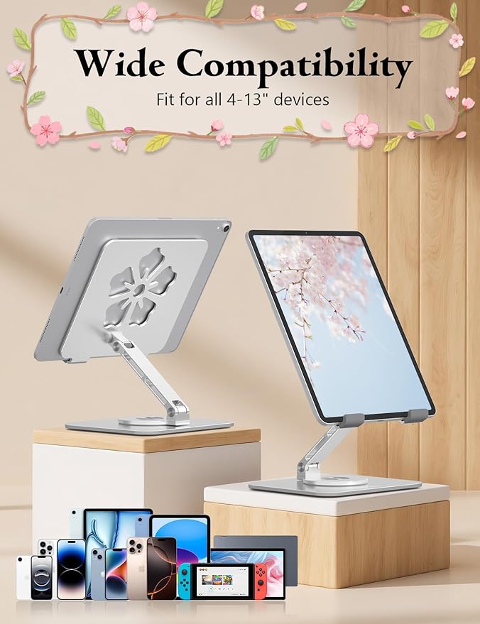 Tablet Stand for iPad, 360° Rotating Aluminum Foldable Holder – Adjustable Desk Stand | Fits iPad Pro 12.9/11,Samsung Galaxy Tab – Portable for Home, Office & Travel,Silver