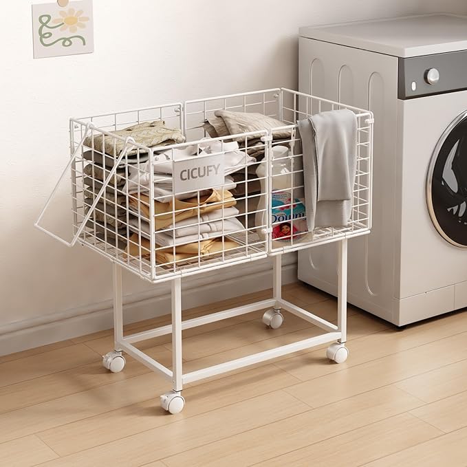 Wire Laundry Hamper, 80L Rolling Laundry Basket Cart on Wheels, Dirty Clothes Basket with Handle, Metal Clothes Hamper Organizer for Laundry Room, Bathroom, Bedroom, Dorm, White
