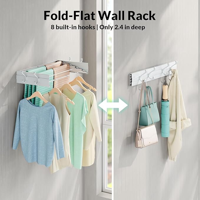 BAKON Wall Mounted Foldable Clothes Drying Rack - Indoor Outdoor Laundry Drying Rack with 4 Hooks & 4 Poles, Space Saving Concealed Design for Storage (23.6"【Upgrade】)