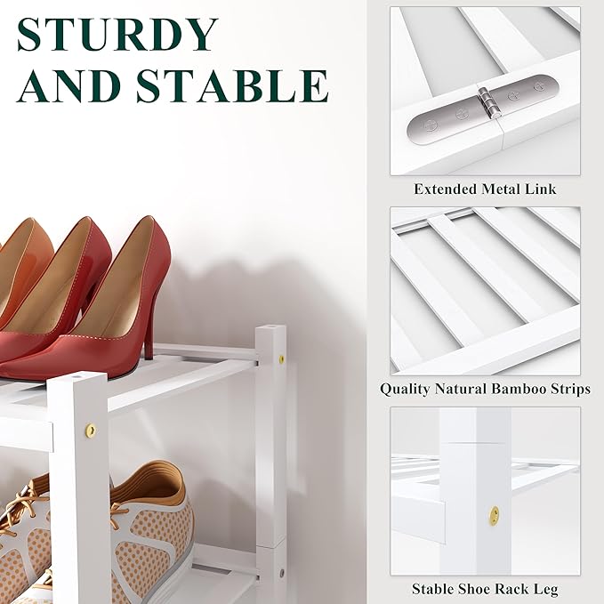 Smiry Bamboo Shoe Rack for Closet, 2 Tier Long Wooden Stackable Shoe Organizer, Free Standing Shoes Storage Shelf for Entryway, Front Door Entrance, White
