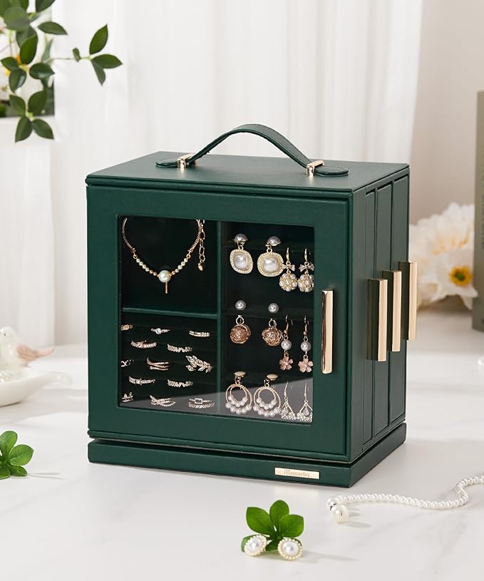 Homde Christmas Gifts Jewelry Box 360° Rotating, Necklace Earring Organizer with Transparent Window, Mirror, 7 Drawers, Large Ring Display Storage Case for Girls Women (Forest Green)