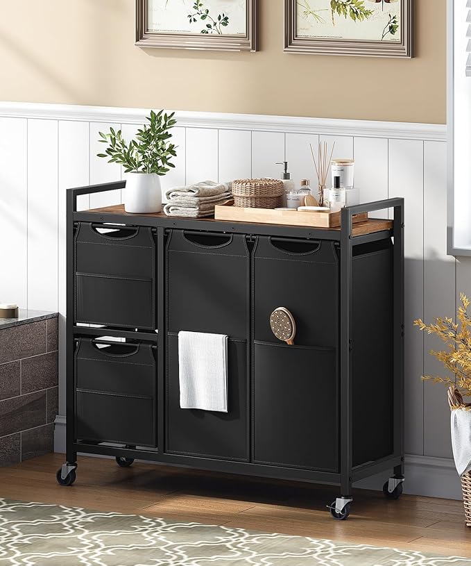 HOOBRO Laundry Sorter with 4 Section, 39 Gal. (147 L) Laundry Hamper with Wheels, Rolling Laundry Basket with Shelf, Pull-Out Detachable Bags, Side Pockets, Rustic Brown and Black BF14XY01N1
